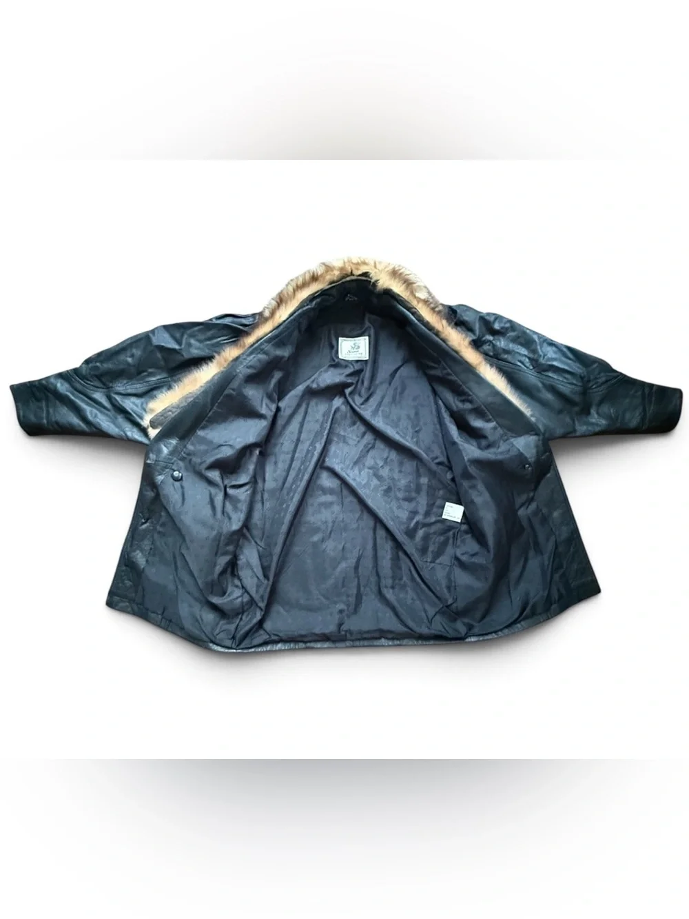 Vintage 80s Black Leather Fur Collar Coat Oversized Dolman Sleeve size Medium